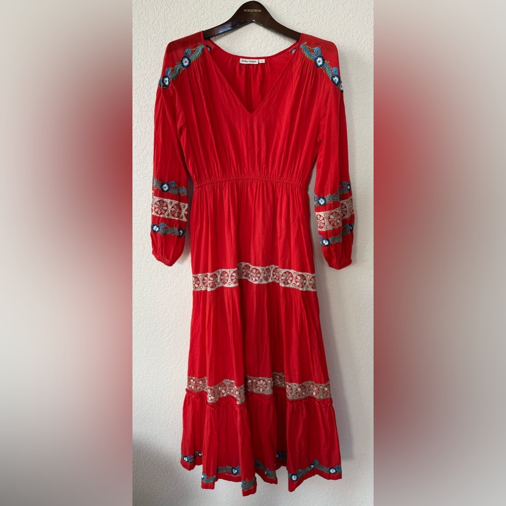 ROLLER RABBIT Red Embroidered Boho Hippie Peasant Casual Maxi Dress SZ XS S M